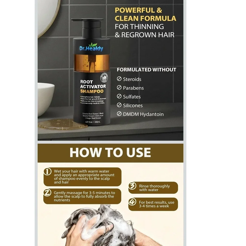 Dr. Healdy Root Activator Shampoo Men 13.6oz Black Botanical Hair Growth X00 NWT
